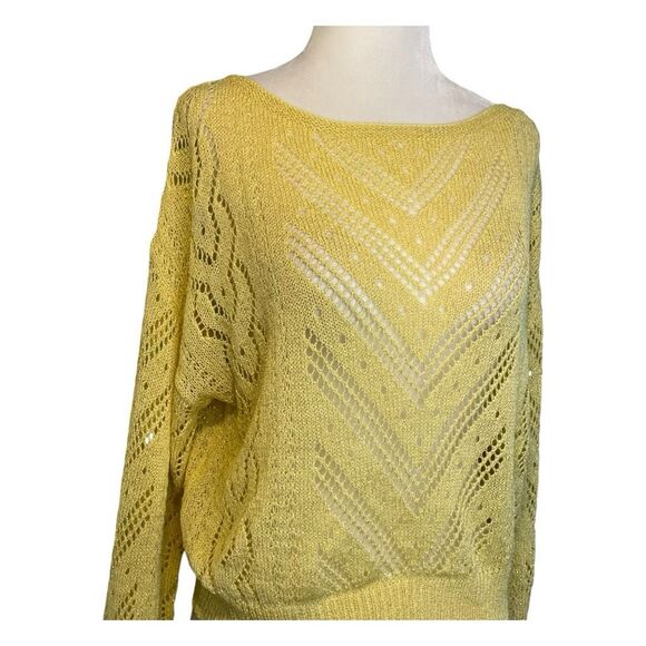Line & Dot Crochet Sweater Yellow Lace Boat Neck Bell Long Sleeves Open Knit S - Picture 4 of 8